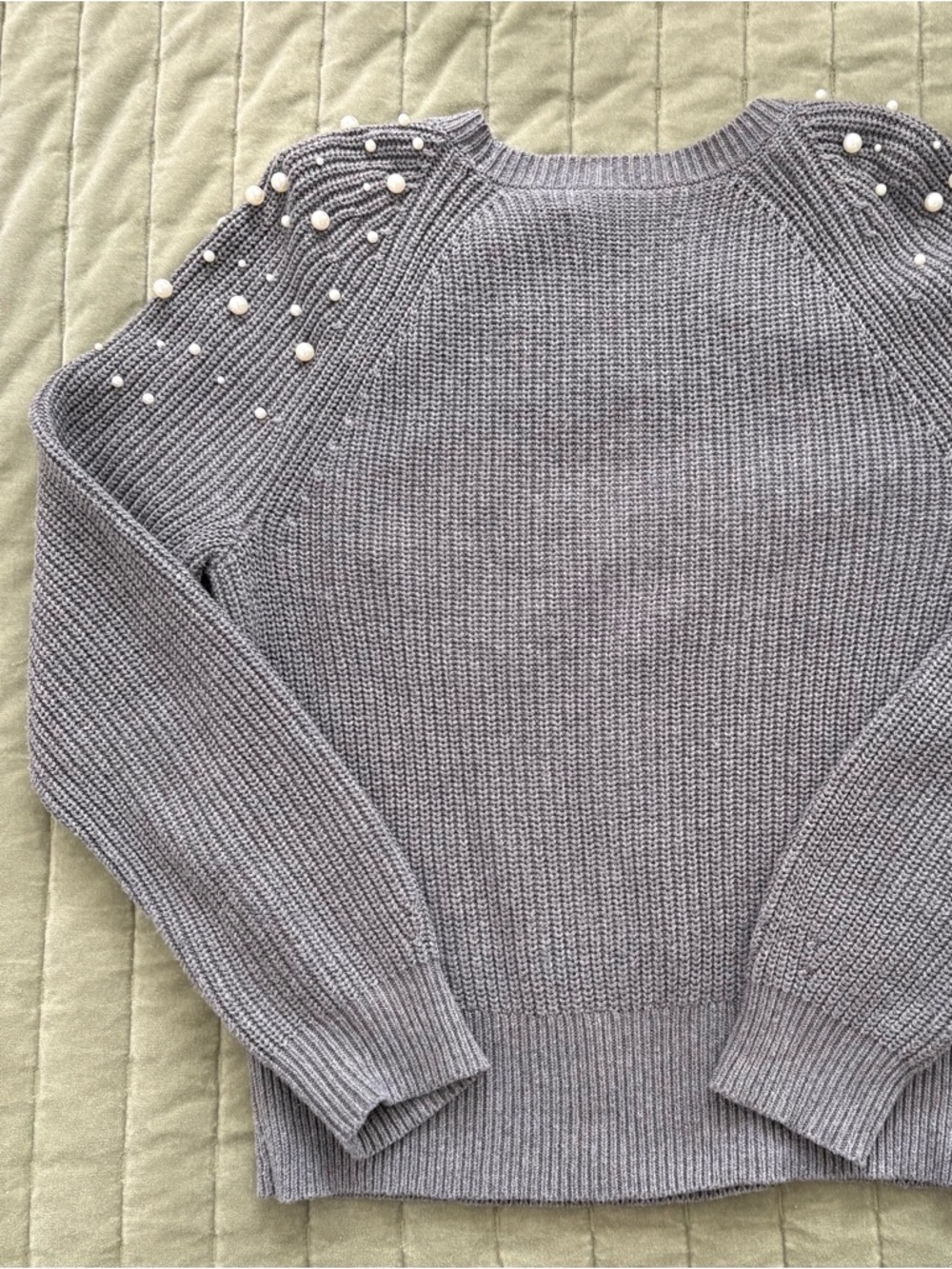LOFT Gray Crewneck Sweater with Pearl Shoulder Accents